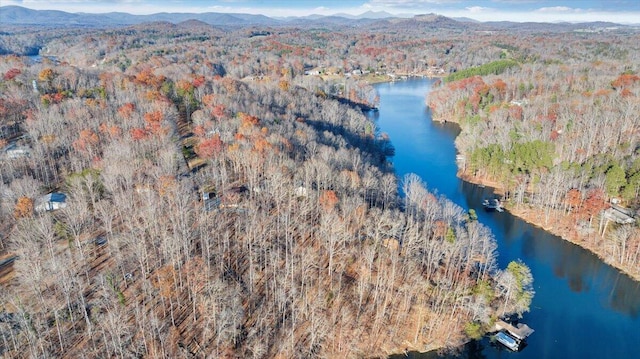 bird's eye view featuring a water and mountain view