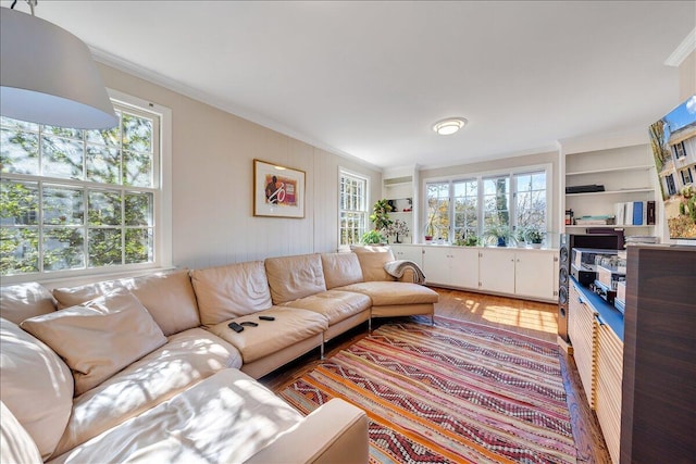 living room with hardwood / wood-style floors, built in features, and crown molding