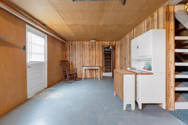 basement featuring wooden ceiling and wood walls