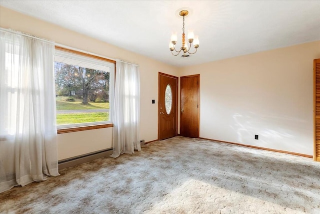 interior space with light colored carpet and a notable chandelier