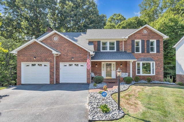 front of property featuring a garage, a front yard, and covered porch