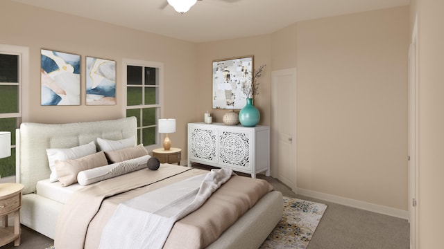 bedroom featuring carpet and baseboards