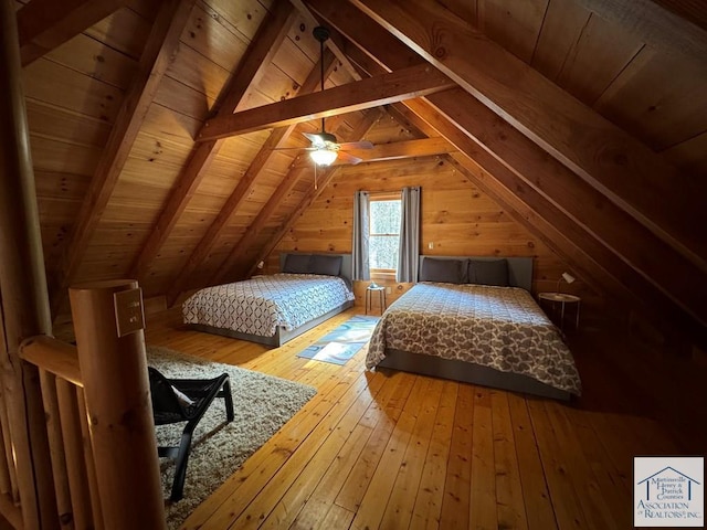 bedroom featuring hardwood / wood-style flooring, ceiling fan, wood ceiling, vaulted ceiling with beams, and wooden walls