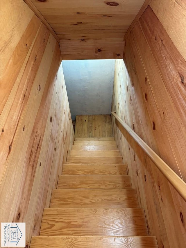 stairs with wooden ceiling