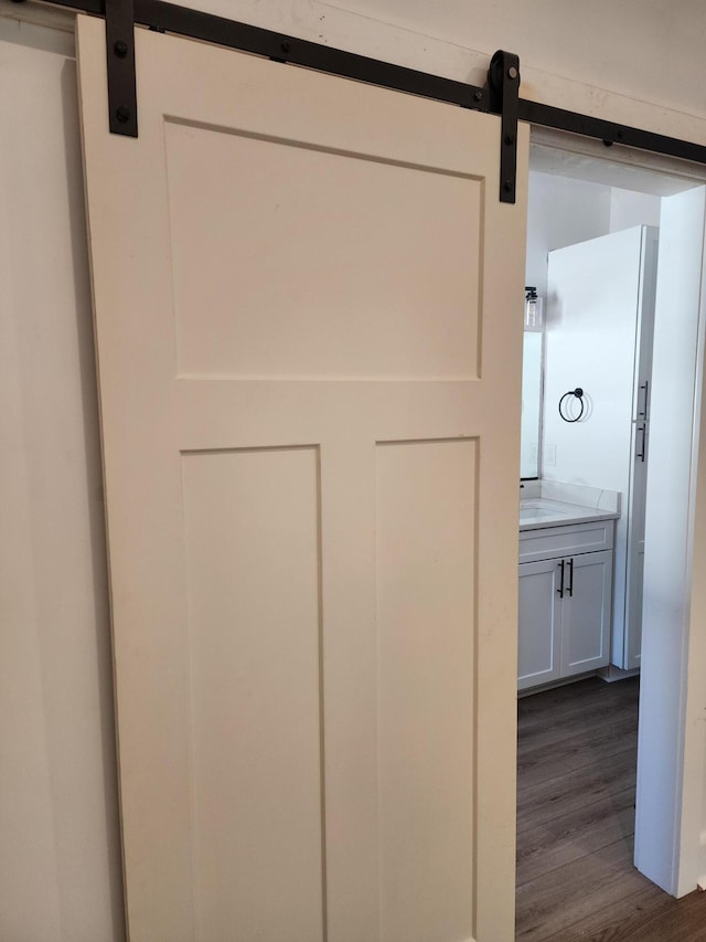 details with hardwood / wood-style floors and a barn door