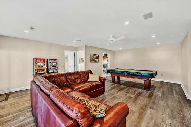 game room with hardwood / wood-style floors, ceiling fan, and billiards