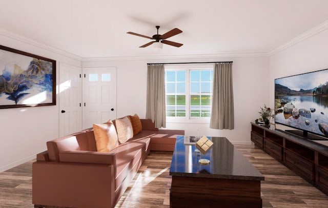 living room with wood-type flooring, ceiling fan, and crown molding