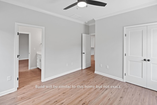 unfurnished bedroom with ceiling fan, a closet, light wood-type flooring, and crown molding