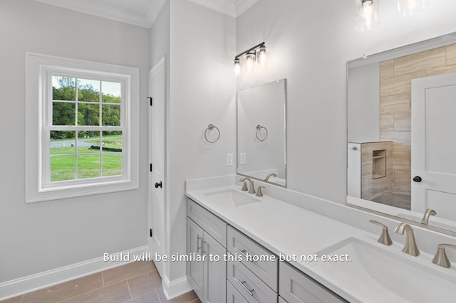 bathroom featuring double vanity, crown molding, baseboards, and a sink