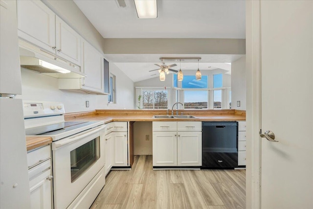 kitchen with white electric stove, white cabinetry, a sink, light wood-type flooring, and dishwasher