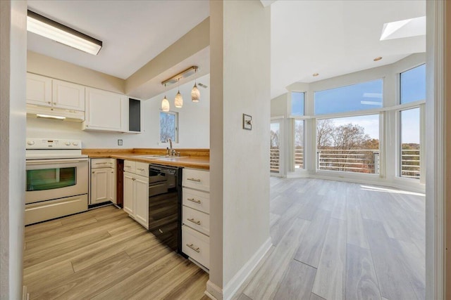 kitchen with white electric stove, dishwasher, light wood-style flooring, under cabinet range hood, and a sink