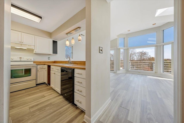 kitchen with pendant lighting, white cabinetry, white electric stove, and dishwasher