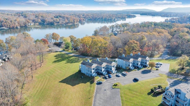 birds eye view of property with a water view and a forest view