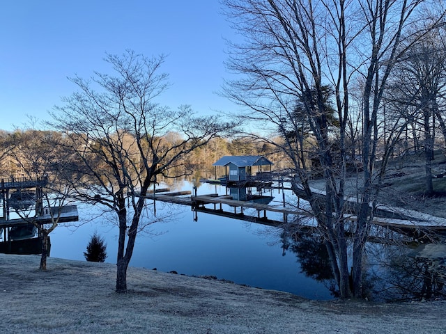 view of yard with a dock and a water view