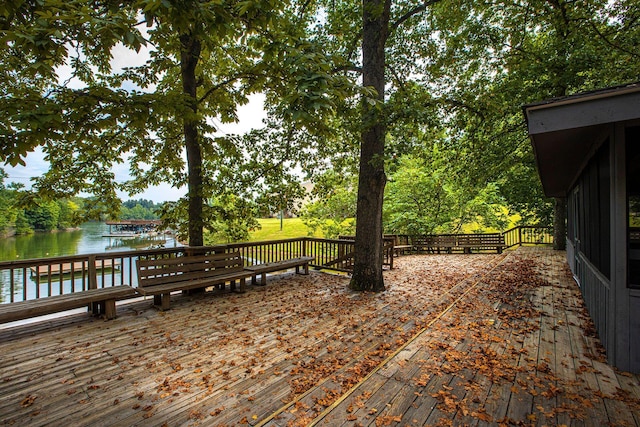 deck featuring a water view