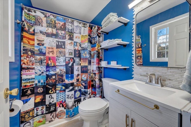 100 Surber Dr, Moneta, VA 24121 - bathroom with backsplash, toilet, vanity, and a shower with curtain