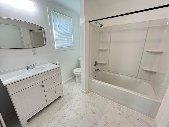 full bathroom with toilet, vanity, and shower / bathing tub combination