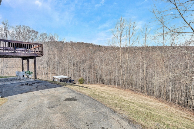 view of road featuring aphalt driveway and a wooded view