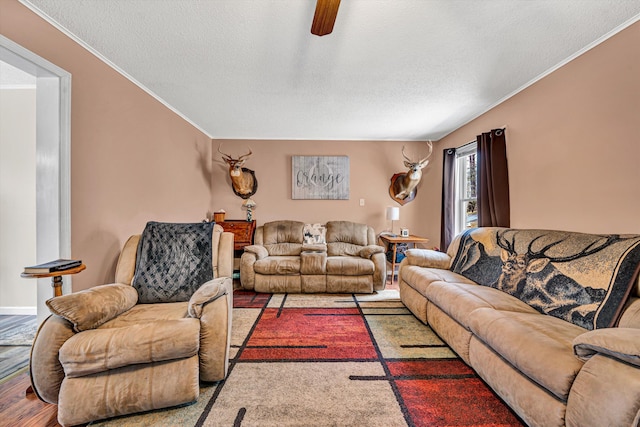 living room featuring crown molding, wood finished floors, and a textured ceiling