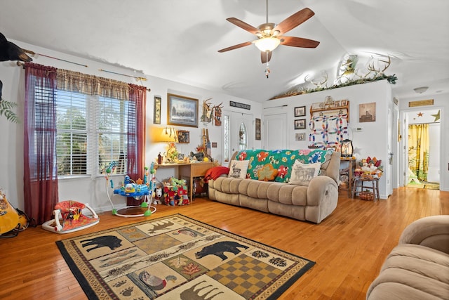 4348 Stewartsville Rd, Moneta, VA 24121 - living room with hardwood / wood-style floors, ceiling fan, and lofted ceiling