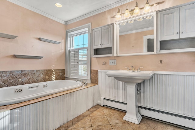 bathroom with a tub, crown molding, tile patterned flooring, and a baseboard heating unit