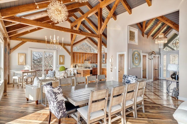 dining room with wooden ceiling, beamed ceiling, high vaulted ceiling, wood-type flooring, and a chandelier