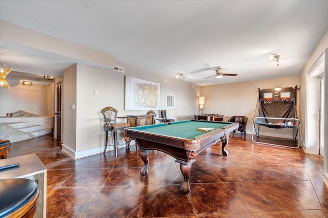 game room featuring ceiling fan and pool table