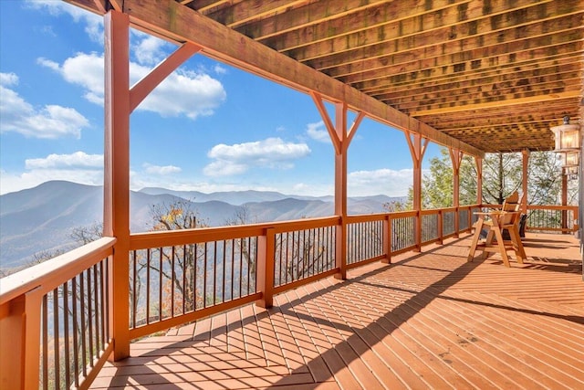 wooden deck with a mountain view