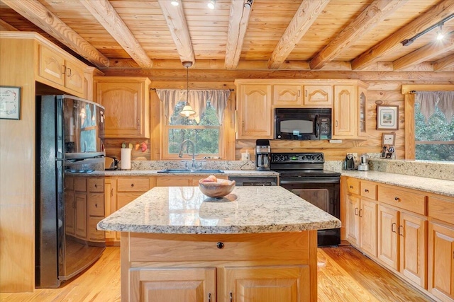 kitchen with hanging light fixtures, a center island, wood ceiling, and black appliances