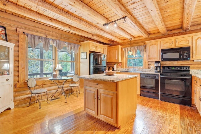 kitchen featuring light stone counters, light hardwood / wood-style flooring, wooden ceiling, a kitchen island, and black appliances