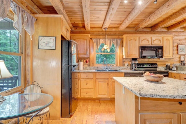 kitchen featuring decorative light fixtures, beamed ceiling, sink, wood ceiling, and black appliances