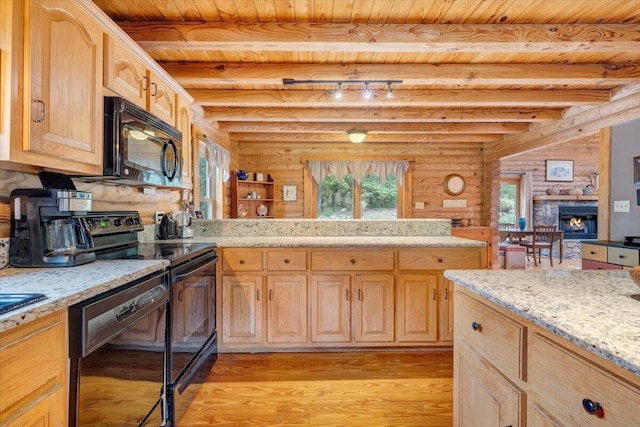 kitchen featuring wood ceiling, light stone countertops, black appliances, light brown cabinetry, and light wood-type flooring