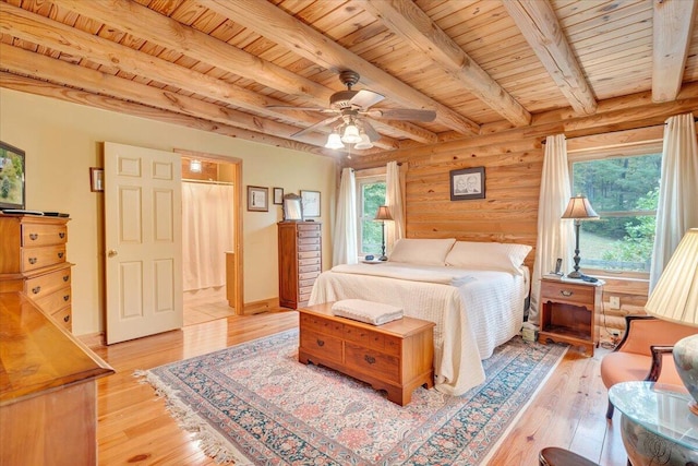 bedroom with beamed ceiling, light hardwood / wood-style floors, and wooden ceiling