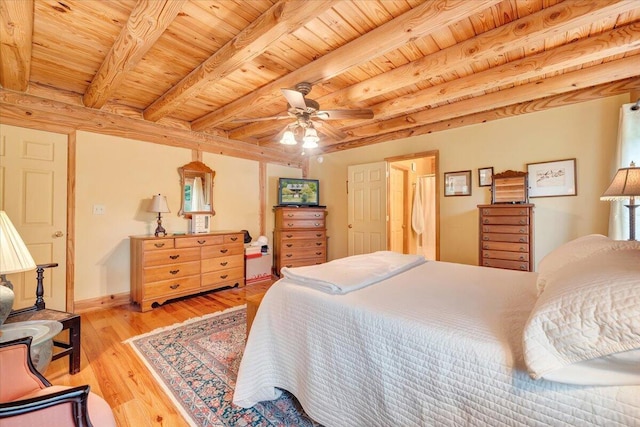 bedroom with wood ceiling, ceiling fan, beam ceiling, and light hardwood / wood-style flooring