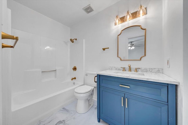 full bathroom with vanity,  shower combination, toilet, and ceiling fan