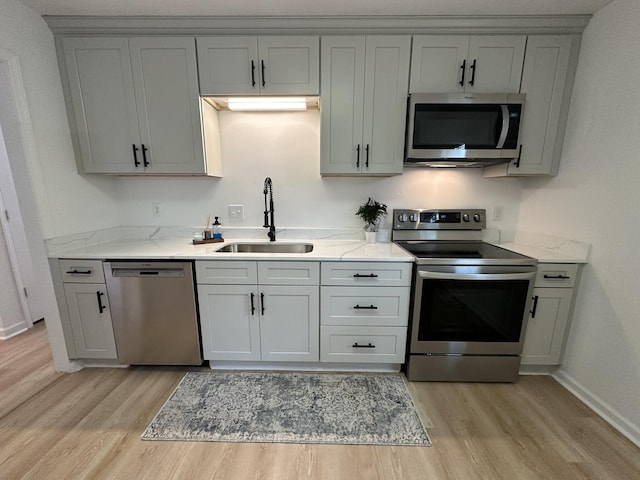 kitchen featuring light stone counters, sink, and stainless steel appliances