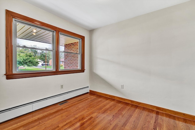 unfurnished room with light hardwood / wood-style flooring and a baseboard radiator