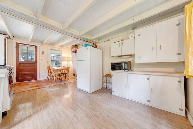 kitchen with beam ceiling, white appliances, light hardwood / wood-style floors, and white cabinetry