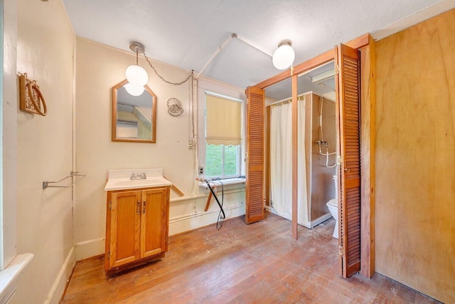 bathroom with vanity, hardwood / wood-style flooring, and toilet