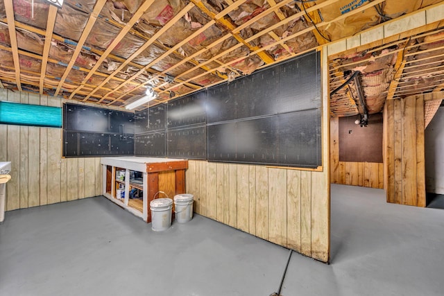 basement featuring wooden walls