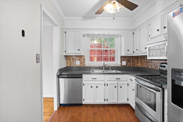 kitchen with sink, white cabinets, stainless steel appliances, and dark hardwood / wood-style floors