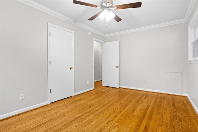 unfurnished bedroom with ceiling fan, light wood-type flooring, and crown molding