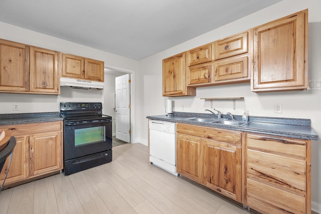 kitchen featuring dishwasher, light wood-type flooring, electric range, and sink