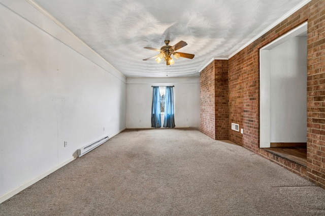 unfurnished room with carpet floors, a baseboard radiator, ceiling fan, and brick wall