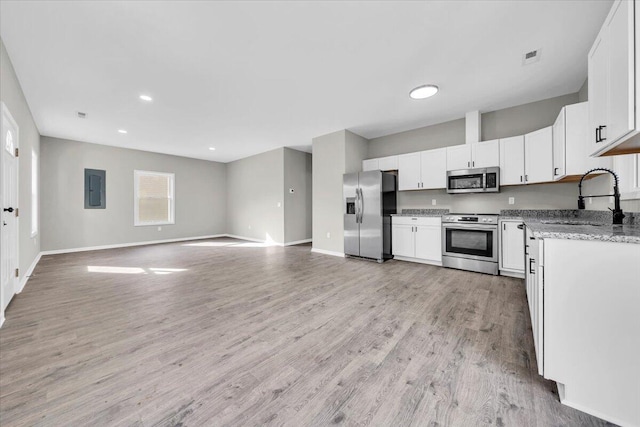 kitchen featuring light hardwood / wood-style floors, stainless steel appliances, sink, electric panel, and white cabinetry