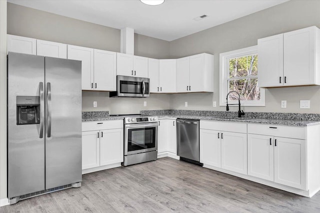 kitchen featuring white cabinets, sink, stainless steel appliances, and light hardwood / wood-style flooring