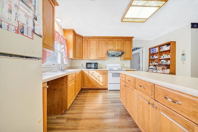 kitchen with light hardwood / wood-style flooring, sink, white appliances, and ventilation hood