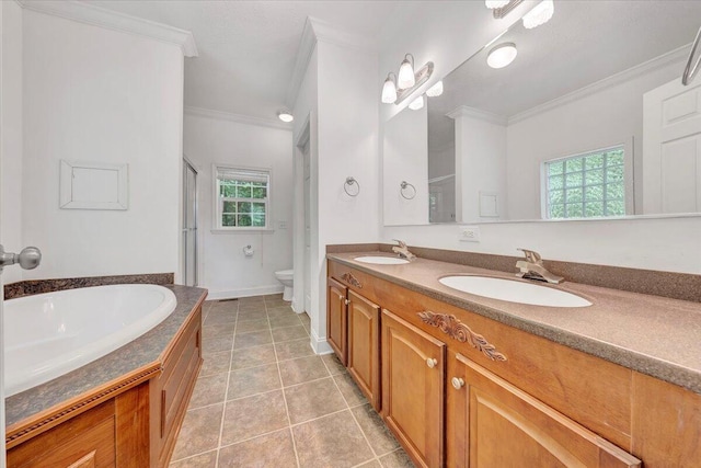 full bathroom featuring tile patterned flooring, separate shower and tub, toilet, vanity, and ornamental molding