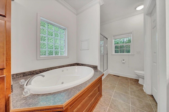 bathroom with tile patterned flooring, shower with separate bathtub, toilet, and ornamental molding