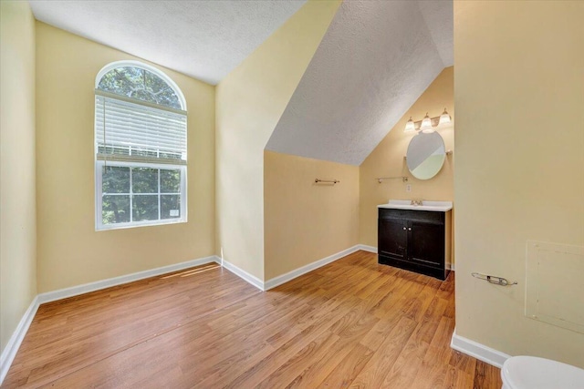 bathroom with hardwood / wood-style flooring, vanity, a textured ceiling, and vaulted ceiling